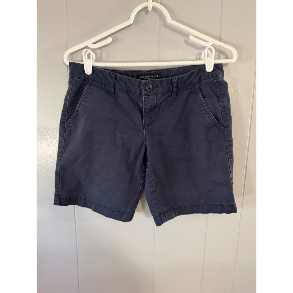 Aeropostale Bermuda Shorts Womens 4 Twill Mid Rise Stretch Navy Blue Chino EUC‎